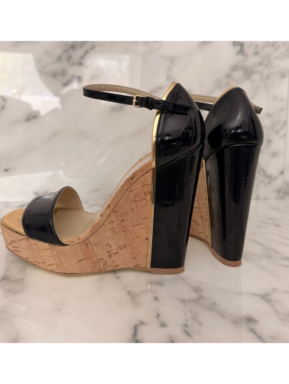Stella McCartney Size 8 Dark Navy Patent Cork Platform Wedge Sandals Gold EU 38